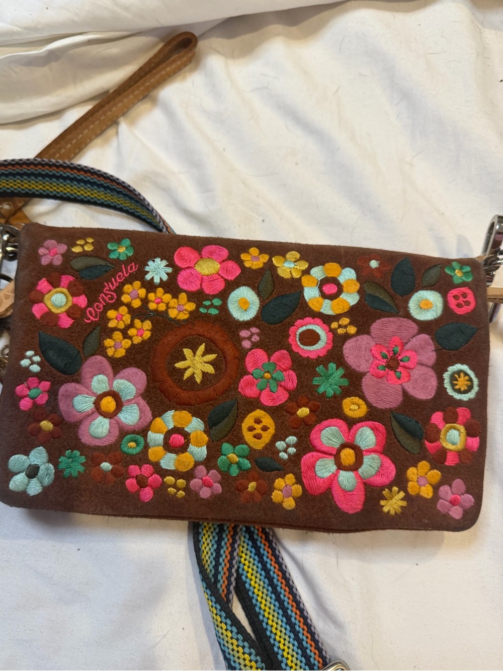 Consuela Brown Suede Uptown Crossbody with Multicolor Floral Embroidery